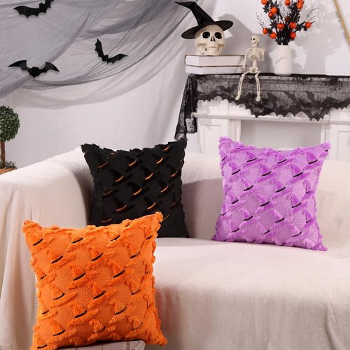 Heirloom Haven Halloween Witch Hat Pillow Covers Set of 2,Black Hat Soft Plush Faux Fur Jacquard Couch Cushion Case Holiday Farmhouse for Sofa Home Decor 18 x 18 Inch