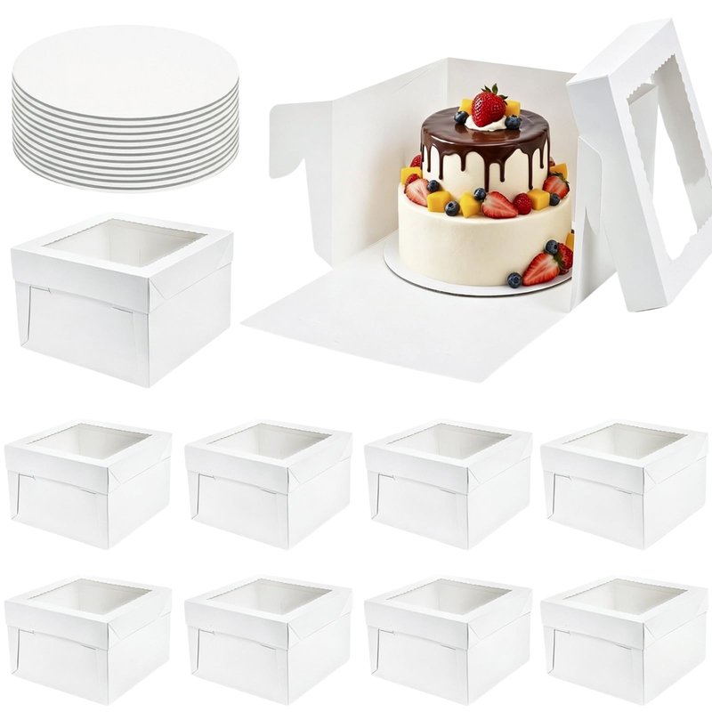 Cididu 20Pcs Cake Boxes 12 Inch, Tall Cake Box with Window and Boards for Multi-Layer Cakes, 350g Thick Cardboard White Bakery Box for Mother's Day Wedding Birthday Cakes Transport Box (12x12x8 Inch)