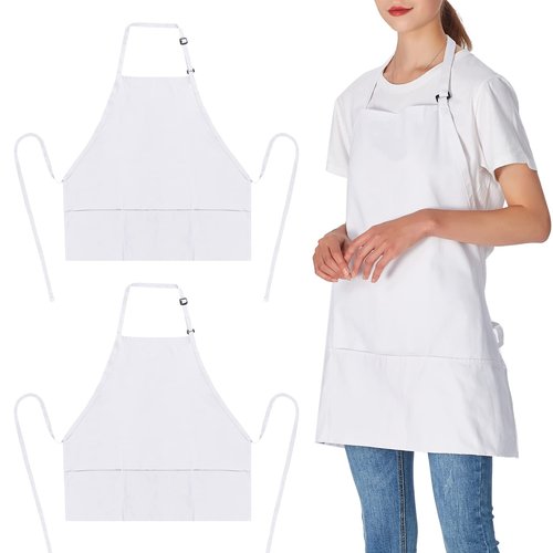 Jubatus 2 Pack 3 Pockets 100% Cotton Adjustable Bib Apron Chef Kitchen Cooking Aprons for Women Men, White