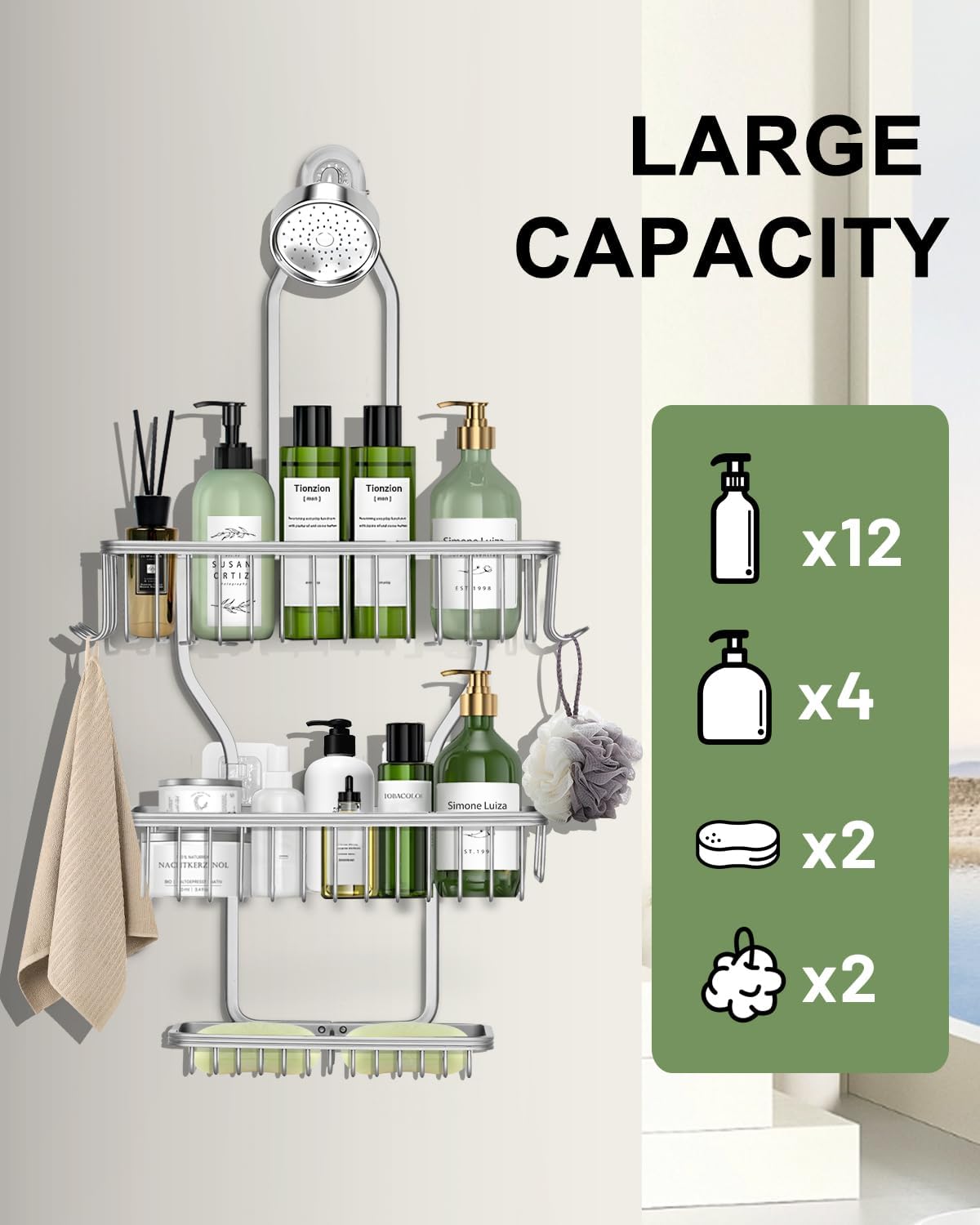 Regine Switzerland Shower Caddy - Rustproof Aluminum Overhead Organizer with 6 Hooks for Razors & Sponges | Silver