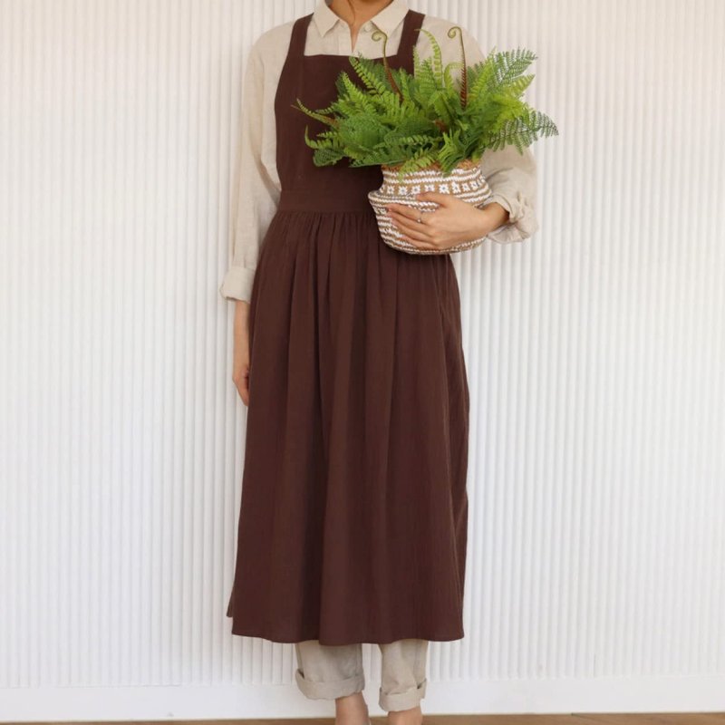 Caatoor Cute Retro Cotton Linen X-Back Aprons Home Kitchen Garden Art Painting Pinafore Florist Shop Overalls (Dark Brown, 42" L)