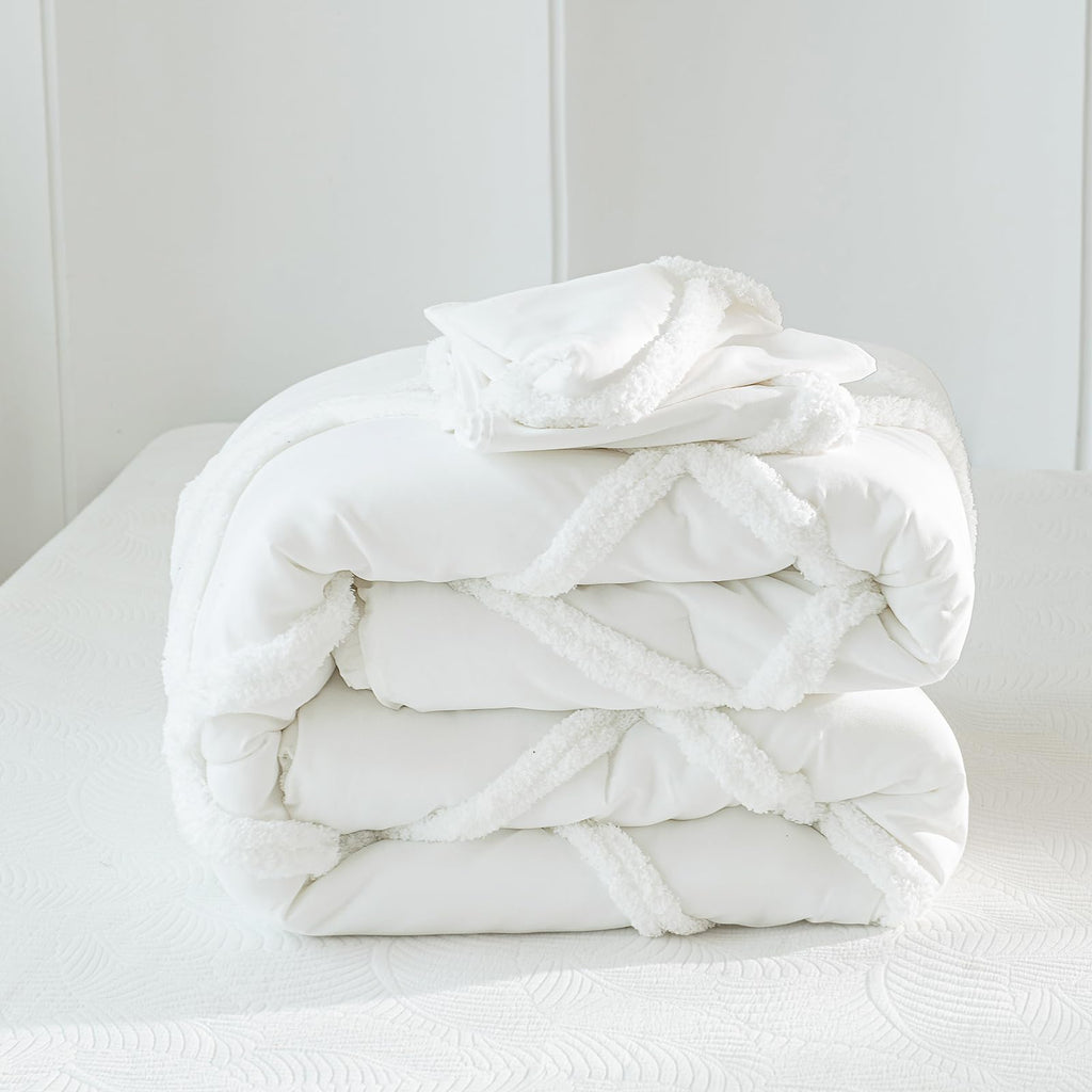 Bedbay White Tufted Comforter Set Queen Size Shabby Chic Boho Bedding Comforter 3 Pcs Lightweight Microfiber Filling Farmhouse Style All Seasons Queen Bed Set