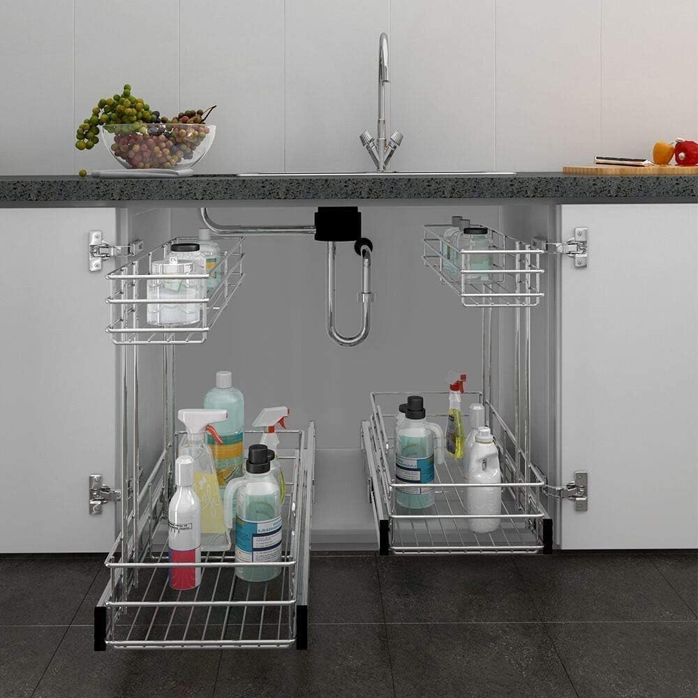 Under Sink Organizer - 2-Tier Pull-Out Cabinet Storage | Chrome Plated, 9"W x 18.5"D