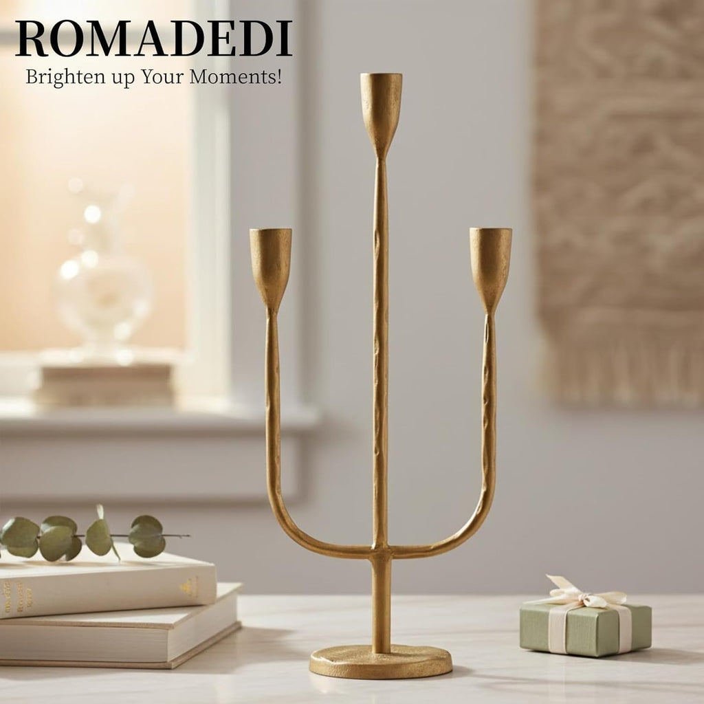 Romadedi Brass Candelabra - Vintage Gold Taper Candle Holders for Elegant Table Centerpiece | Tall Metal Design