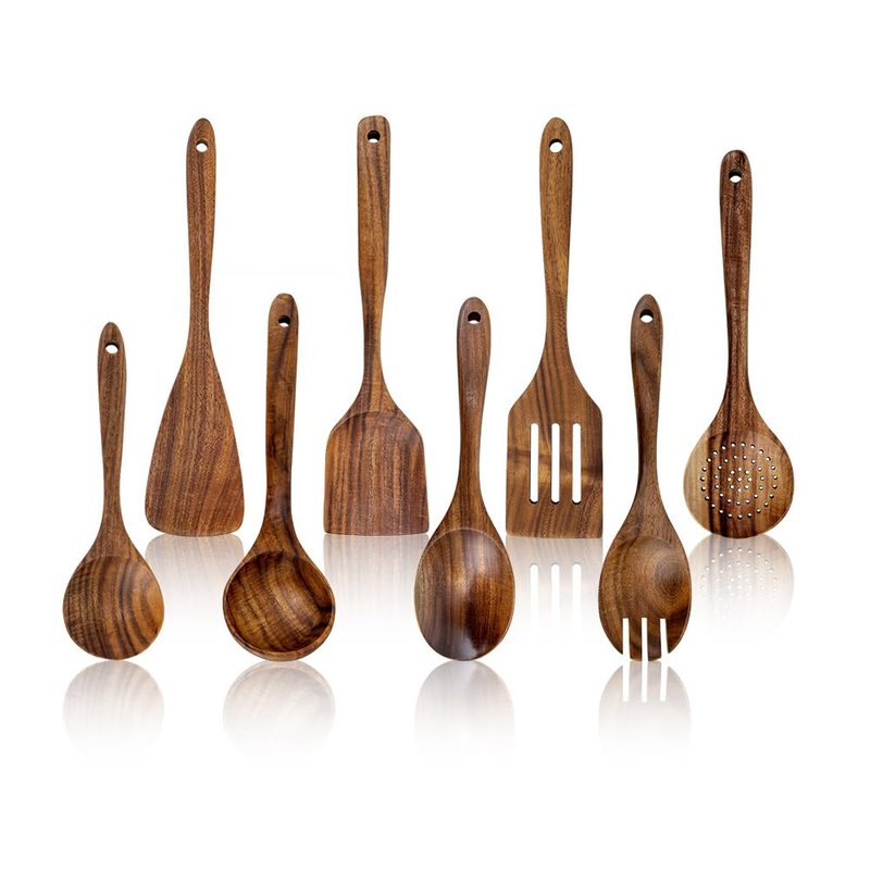 8 Pieces Wooden Spoons for Cooking, 100% Natural Teak Wooden Kitchen Utensils Set, Wooden Utensils Set for Cooking, Non-Stick, Comfort Grip, Easy to Clean