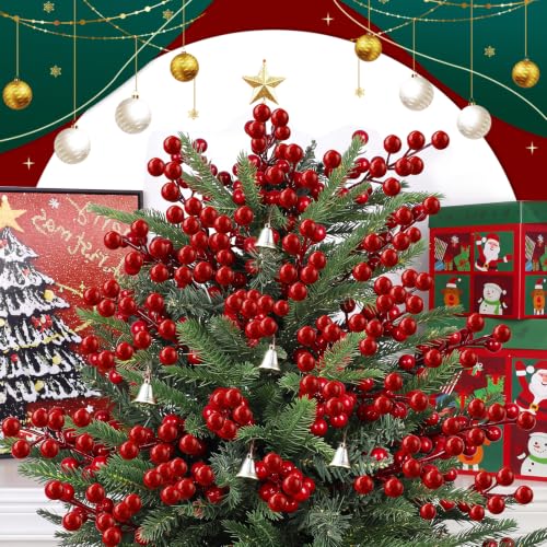 Fangoo 32 Pack 9" Artificial Burgundy Red Berry Picks for Christmas Tree - Red