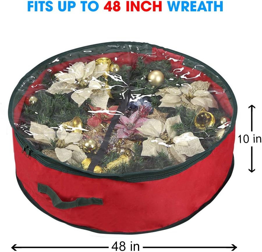 Primode Christmas Wreath Storage Bag - Extra Large 48" Container with Clear Window | Durable 600D Oxford Material | Red