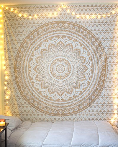 Boho Mandala Tapestry Wall Hanging - White Gold Bedroom Decor (30x40 Inches)