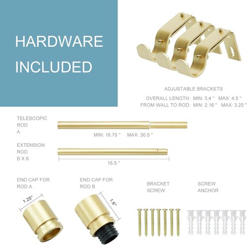Byondeth Curtain Rods - Adjustable 16 to 120 Inches | 1 Inch Diameter with Warm Gold Aluminium Finials
