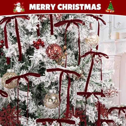 OVQ Burgundy Red Velvet Christmas Bows - 24 Pcs Holiday Ribbon Decorations