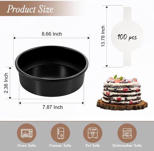 AIVIKI Nonstick 8-Inch Round Cake Pan Set - 3 Baking Tins with 100 Parchment Paper Sheets | Oven & Dishwasher Safe