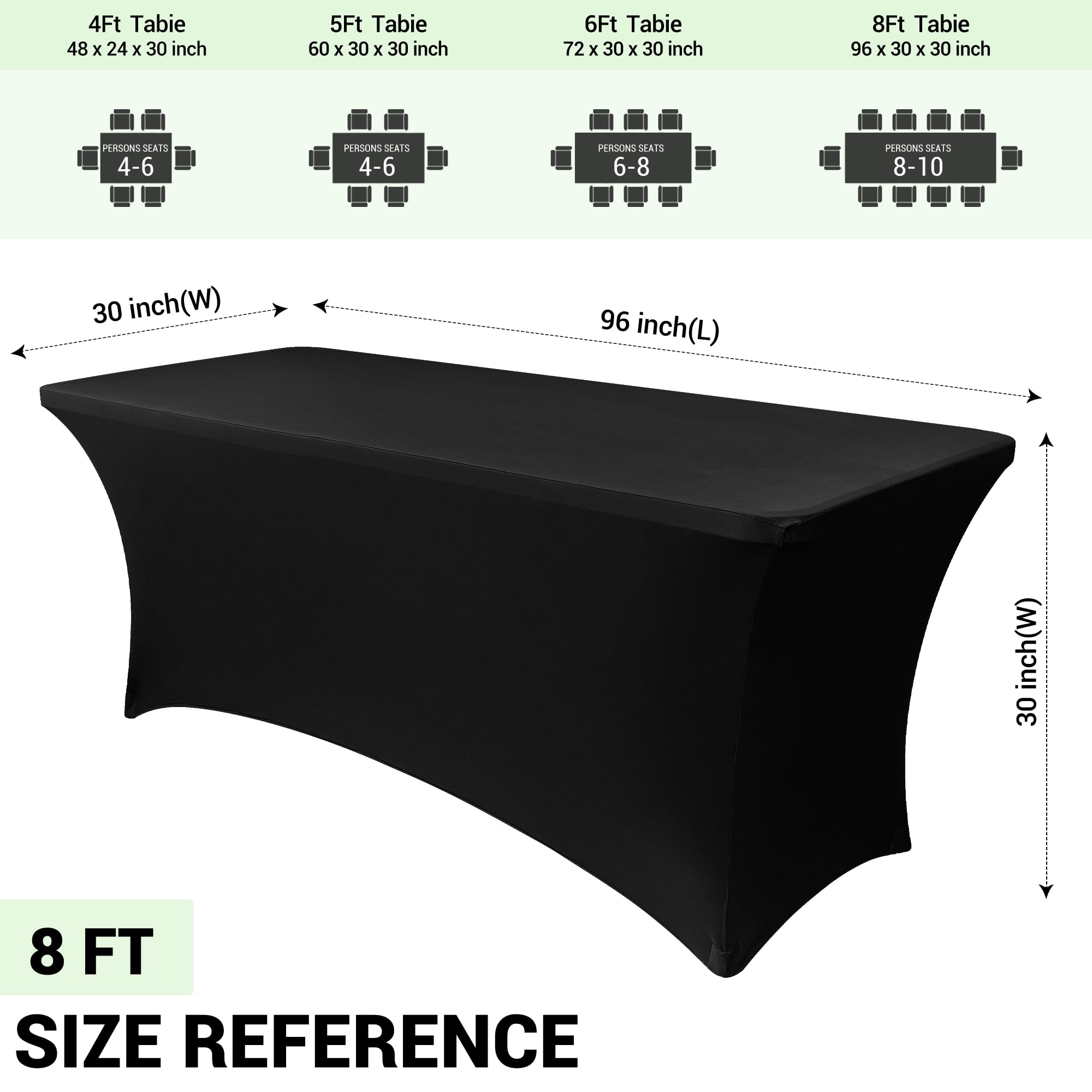 Obstal 6 Pack Stretch Spandex Table Covers for 8 Foot Tables - 8 FT Universal Rectangular Fitted Tablecloth Protector for Wedding, Banquet, Party (Black, 96 Length x 30 Width x 30 Height Inches)