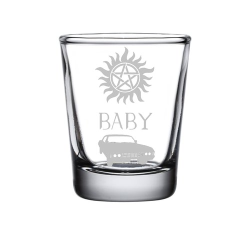 SPN Supernatural Shot Glass Set of Four: Supernatural Gifts Set Saving People Hunting Things, Stay Inside The Salt Ring, Dean's Baby, Anti-Possession Shot Glasses for Supernatura Fan, ENGRAVED 1.5oz.