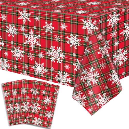 TJYJOY 4 Pack Christmas Tablecloths Red Green Plaid Snowflake Holiday Party Decor 51x86 Inch