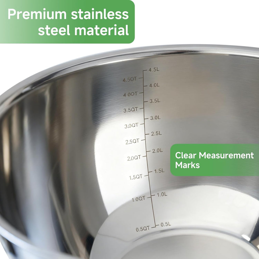Skiennix Mixing Bowls - Stainless Steel Nesting Bowl Set with Airtight Lids | 3 Essential Sizes (1.5/3/5 QT)
