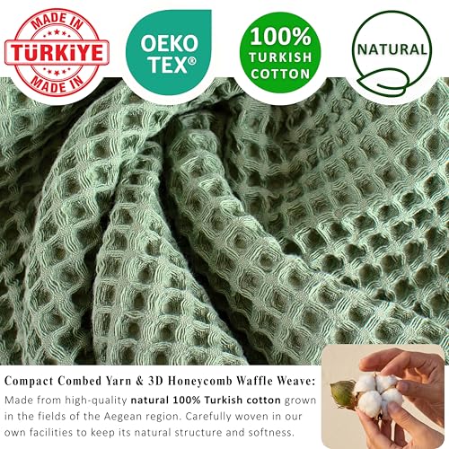 Turkish Cotton Waffle Hand Towel Set - 32x16 Inch Sage Green Kitchen Towels