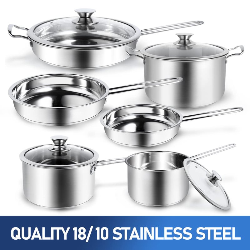 Aufranc 10-Piece Pots and Pans Set, Stainless Steel Cookware Set- Includes Ergonomic Handle Saucepans, Skillets, Dutch Oven, Stockpot, Steamer & More - Premium Pots and Pans for Home Chefs