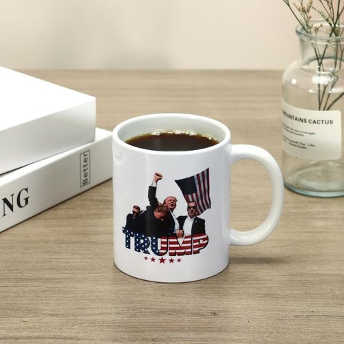 Attack on Trump Ceramic Coffee Mug – Double-Sided with Shot Survivor Fist Pump at Pennsylvania Rally Design – Celebrating Strength and Patriotism – Gift for Supporters, 45th & 47th President