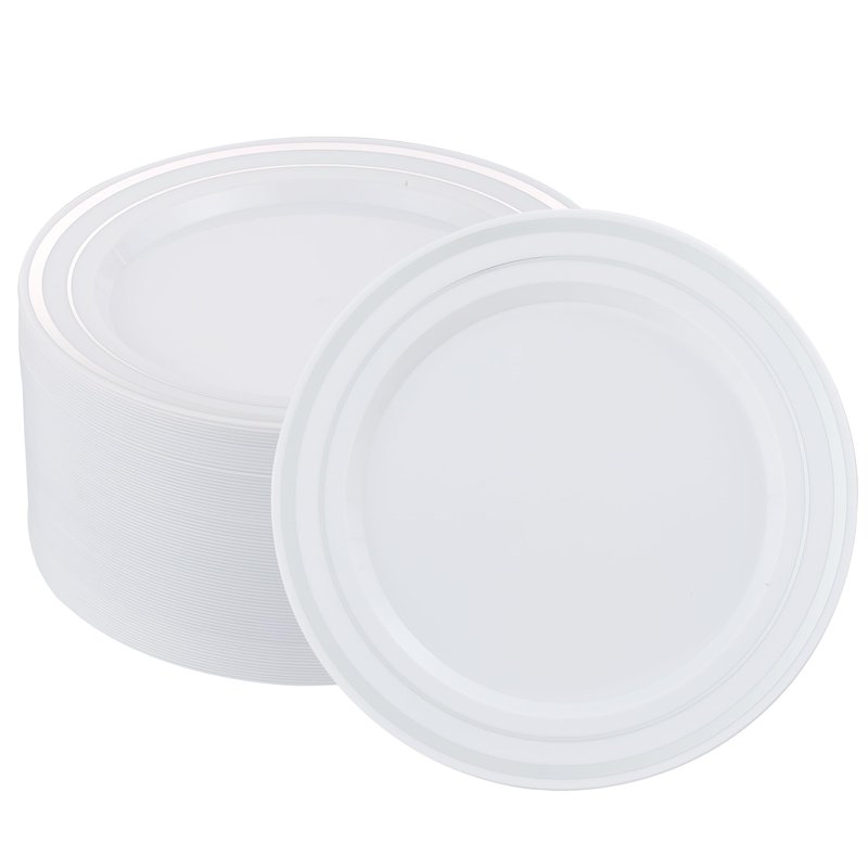 ISFANGCO 50 PCS Silver and White Plastic Plates for 50 Guests,10.25inch Silver Rimmed White Disposable Plastic Plates for Wedding,Party,Birthday,Smooth Edge & Heavy Duty Dinner Plate