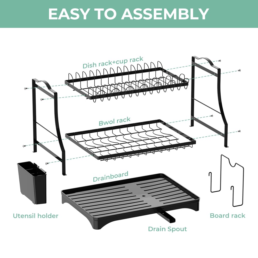 HANLE Large Dish Drying Rack Space-Saving for Kitchen Counter, 2-Tier Stainless Steel Dish Drainer Organizer with Cutlery Holder, Black