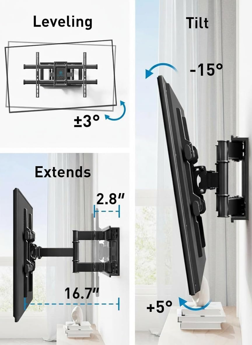 Perlesmith Full Motion TV Wall Mount - Fits 37-82 Inch TVs Up to 132 lbs | Dual Articulating Arms & Tilt
