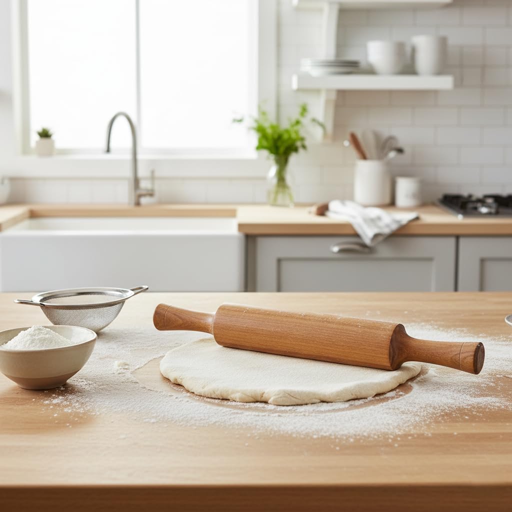 Skiennix Traditional Wooden Rolling Pin - Solid Wood Baking Tool for Pastry, Dough & Pizza Making