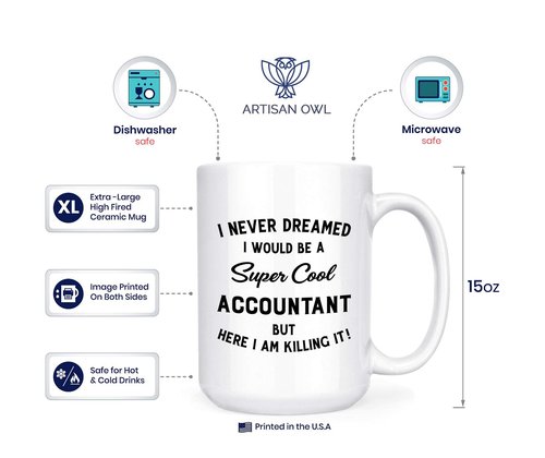 Artisan Owl I Never Dreamed I Would Be A Cool Accountant But Here I Am - 15 oz Deluxe Double-Sided Coffee Tea Mug