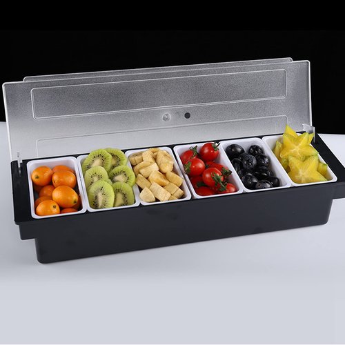 FEOOWV Fruit Veggie Condiment Caddy with Lid, 6 Compartment Plastic Dispenser Tray for Catering Dips Toppings, Serving Taco, Ice Cream, Fruit, & Salad Bar,Garnish Organizer for Restaurant Supplies