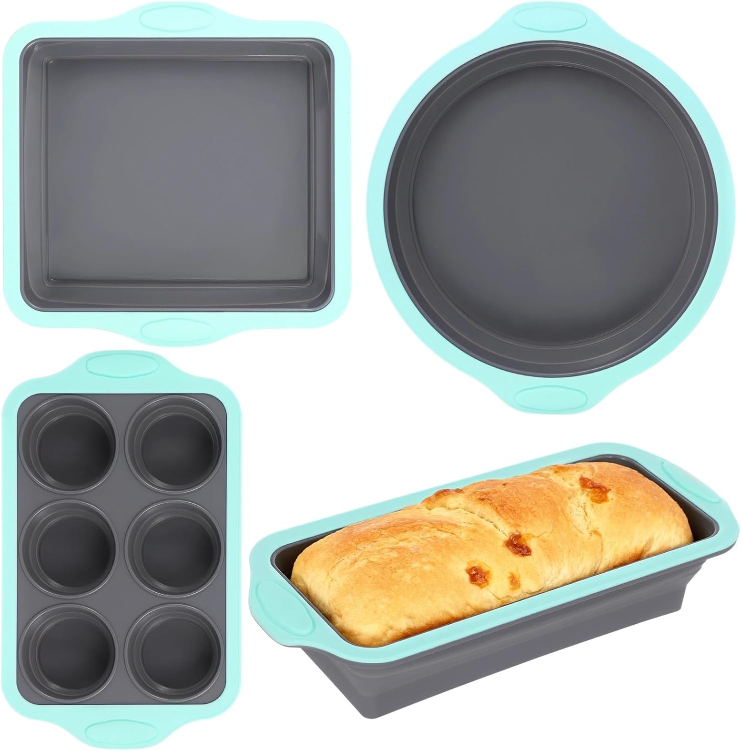 Skiennix Silicone Baking Pan Set - 4PCS Nonstick Stackable Pans with Grip Handles & Metal Reinforcement | Ideal for Muffins, Loaves, Cakes