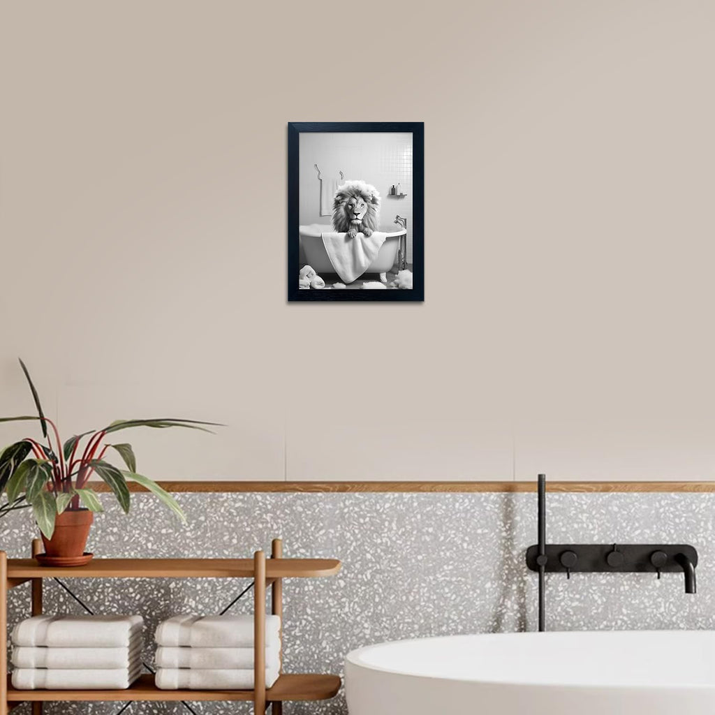 Regine Switzerland Black and White Lion Canvas Wall Art - Funny Animal Print for Bathroom Decor