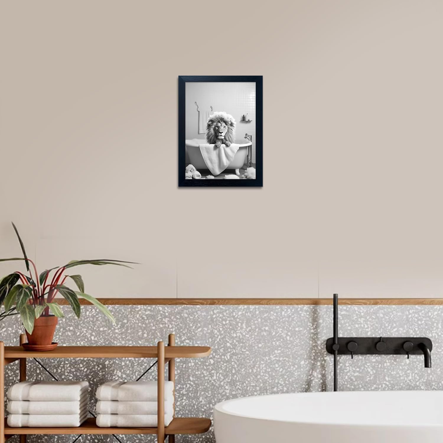 Regine Switzerland Black and White Lion Canvas Wall Art - Funny Animal Print for Bathroom Decor