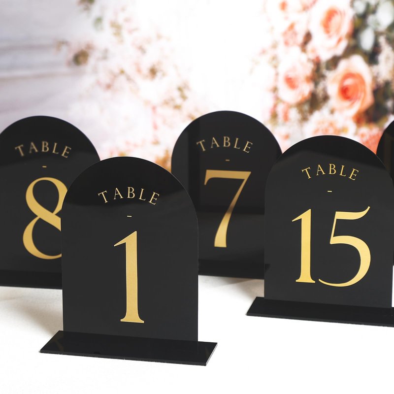UNIQOOO White Arch Wedding Table Numbers with Stands 1-20, Gold Foil Printed 5x7 Double sided Acrylic Signs and Holders, Perfect for Centerpiece, Reception, Decoration, Party, Anniversary, Event
