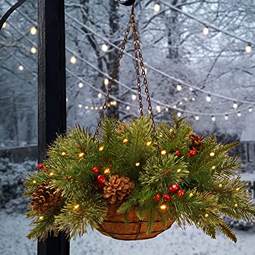 National Tree Company 20in Pre-Lit Colonial Fir Hanging Basket (Basket) – Indoor/Outdoor Christmas Decor