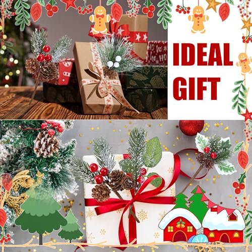 24 Pack Artificial Christmas Picks - 6 Styles Snow Frosted Berry Pine Cones Wreath Decor