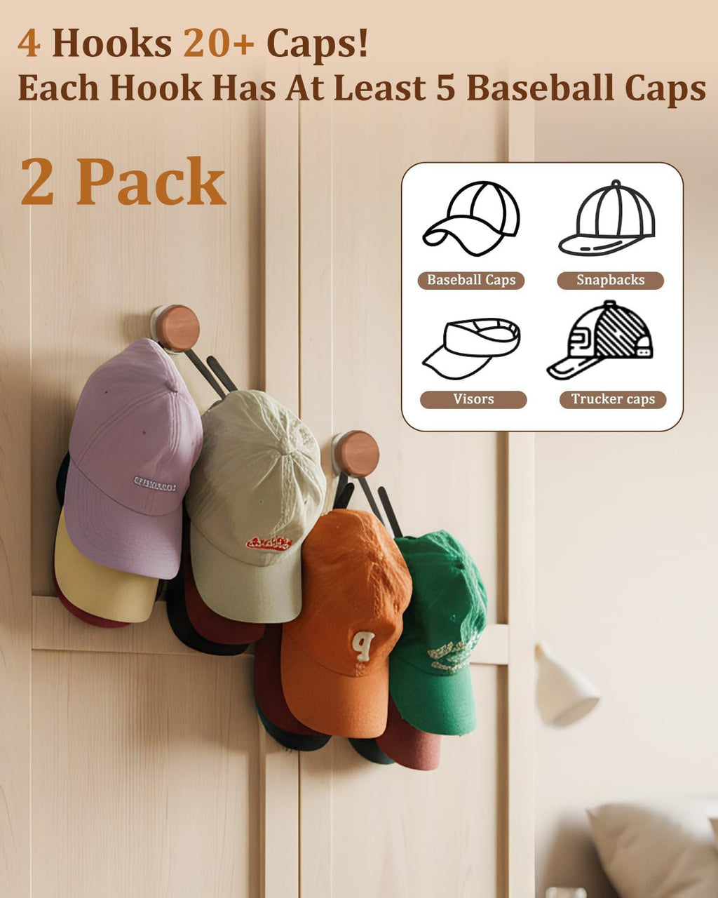 Skiennix Hat Rack - Stainless Steel Baseball Cap Organizer | Adhesive Wall Storage for 25 Hats