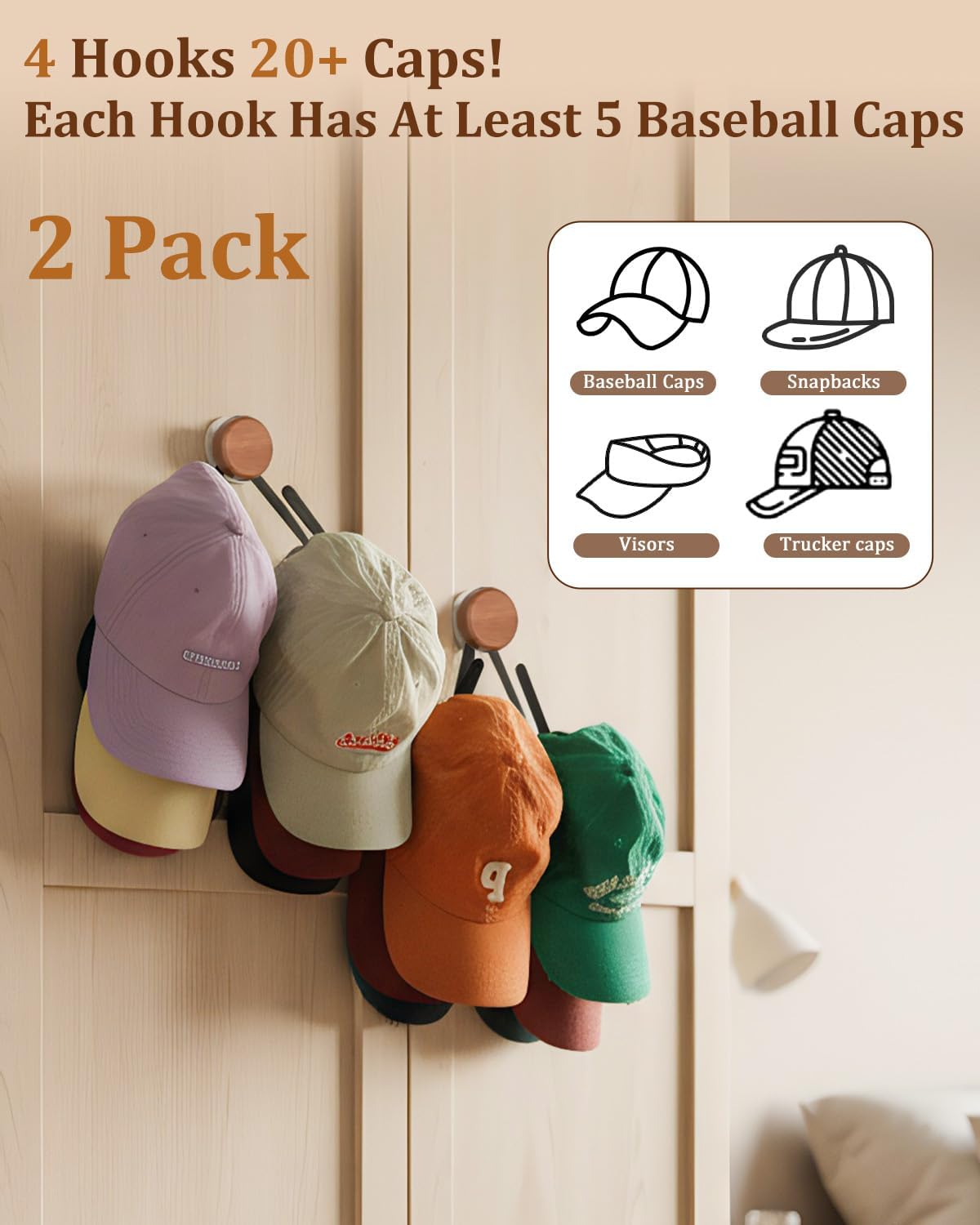 Skiennix Hat Rack - Stainless Steel Baseball Cap Organizer | Adhesive Wall Storage for 25 Hats