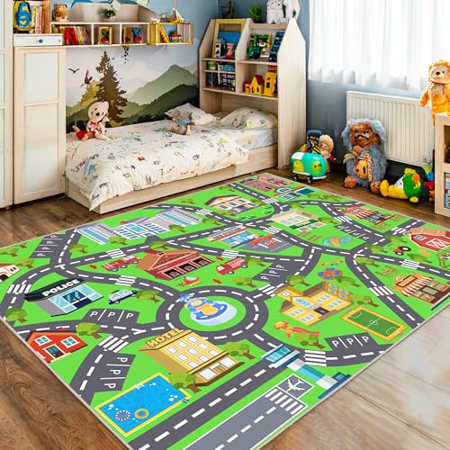 4x5ft Kids City Road Play Mat, Non-Slip Faux Wool Washable Area Rug