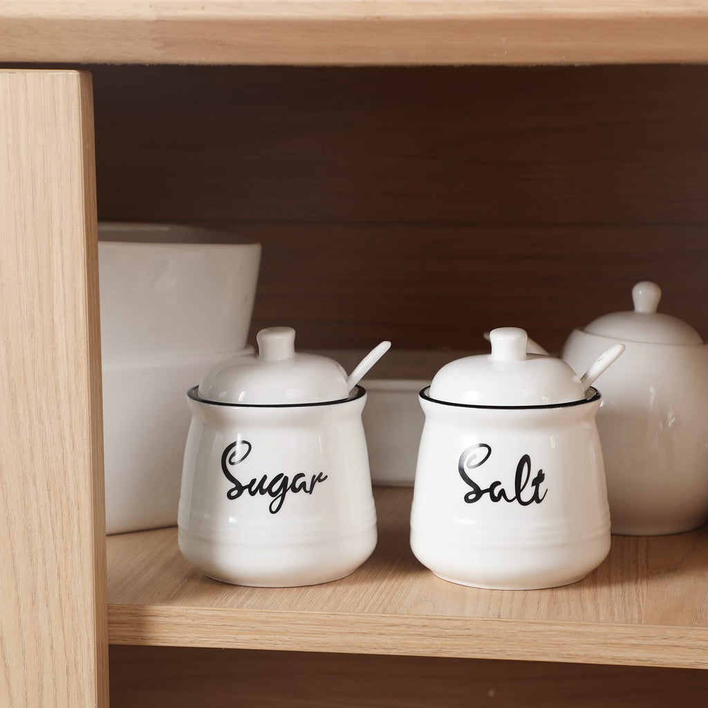 HAOTOP 12oz Farmhouse Ceramic Salt and Sugar Bowls Set with Lid and Spoons,Easy to Clean (White)