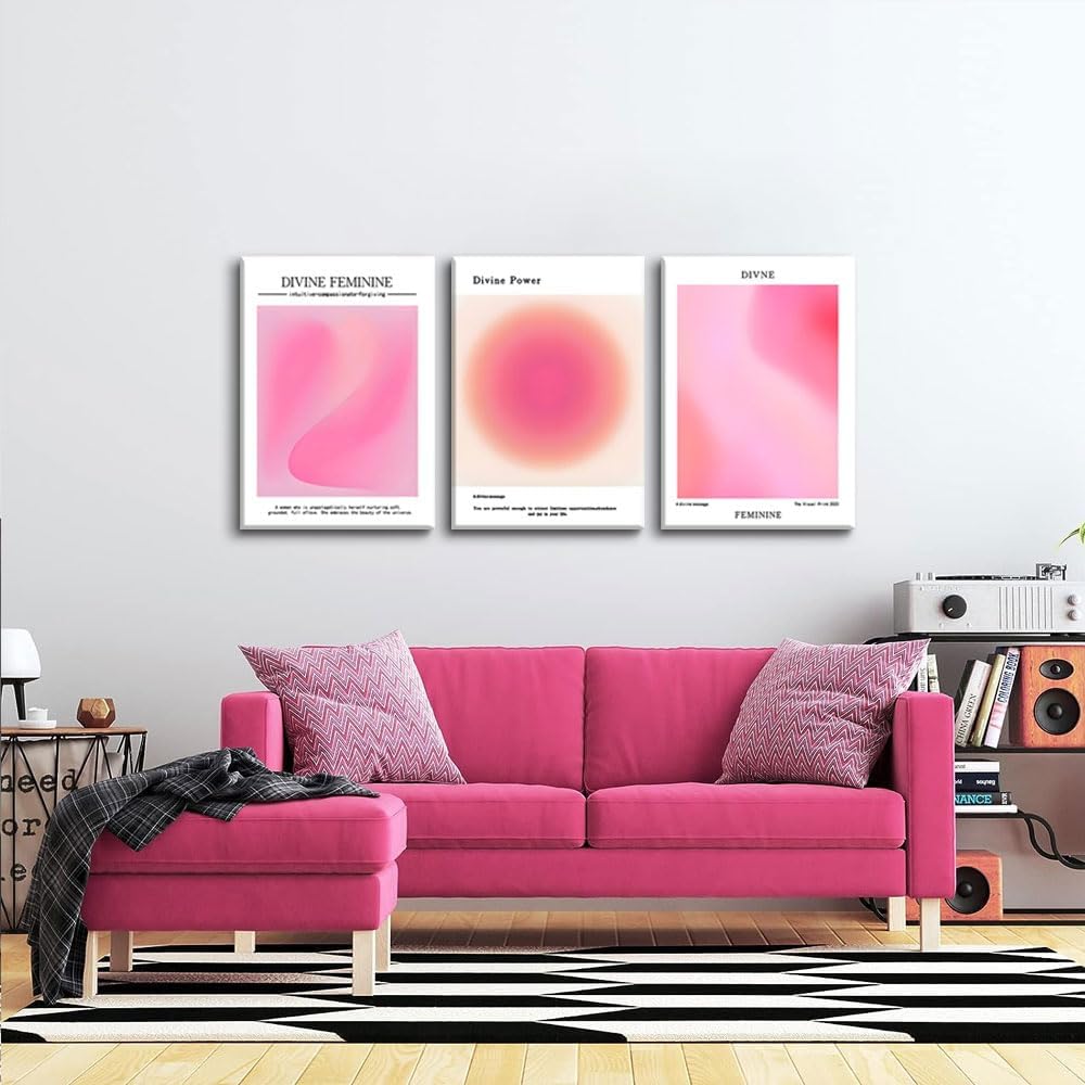 Trendy Aesthetic Canvas Wall Art - Set of 3 Pink Gradient Aura Angel Prints | Framed 12x16 Inch Decor for Bedroom & Living Room