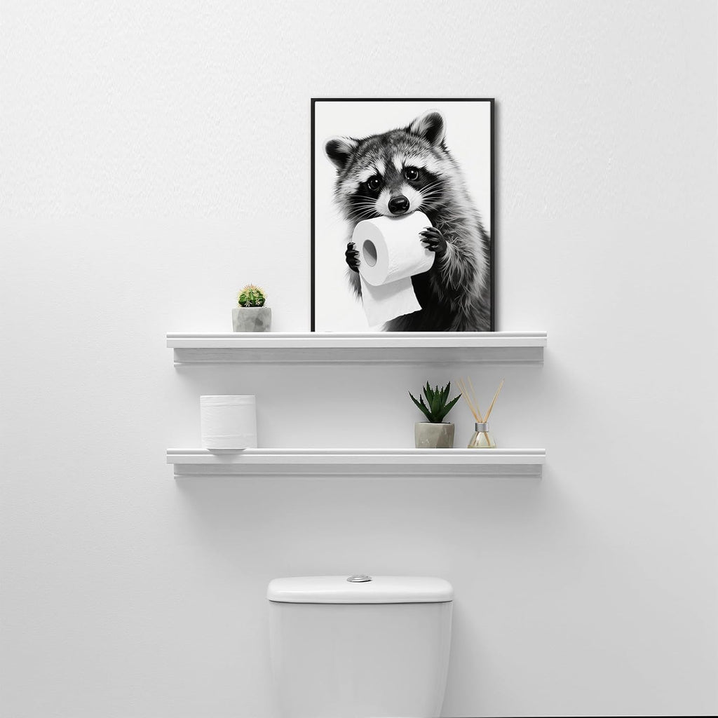 Pinetree Art Raccoon Bathroom Wall Decor - Framed Black and White Prints for Restroom Art