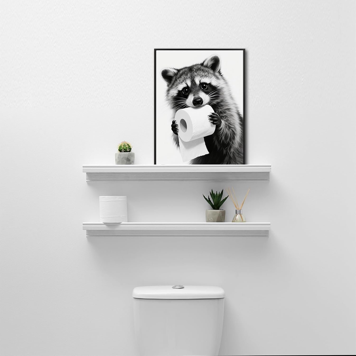 Pinetree Art Raccoon Bathroom Wall Decor - Framed Black and White Prints for Restroom Art