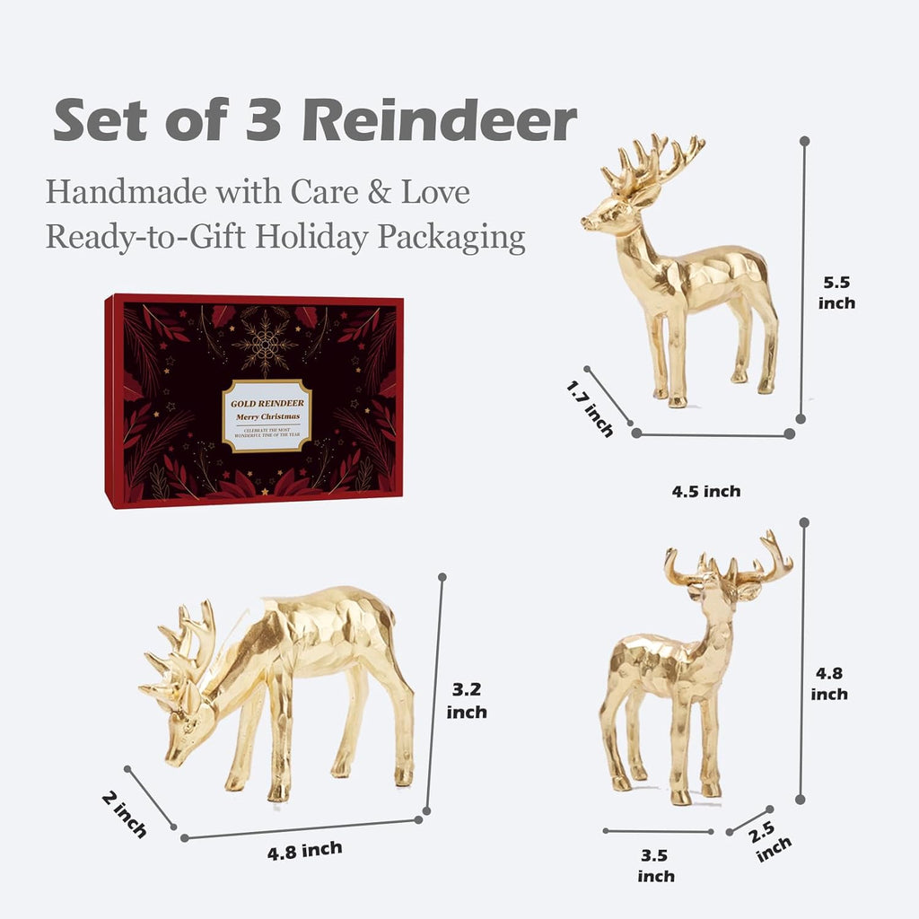 Skiennix 3pcs Resin Reindeer Figurines - Gold Christmas Decor for Tabletop & Mantle