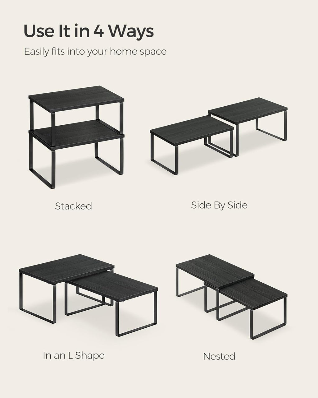 SONGMICS Kitchen Organizer Shelf Set - Stackable & Expandable Spice Rack - Metal & Engineered Wood - Ink Black & Ebony Black