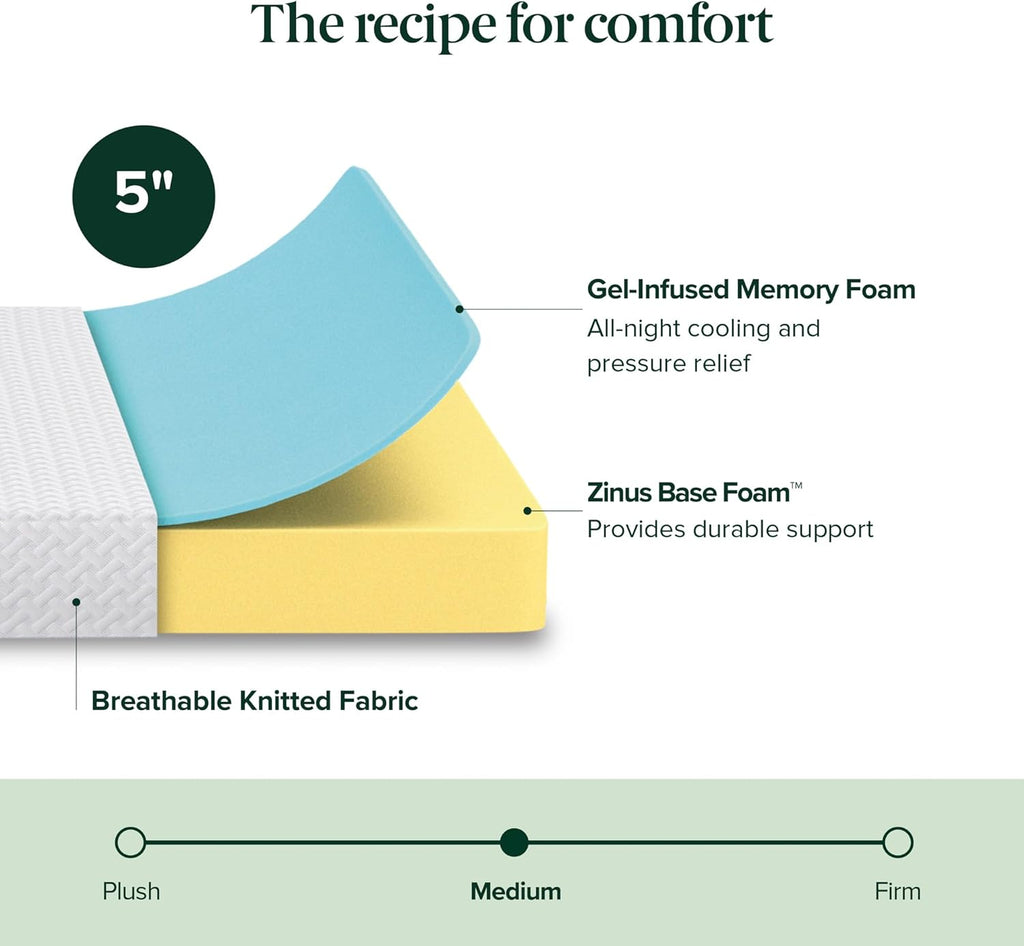 Zinus 5 Inch Twin Memory Foam Mattress - Cooling Comfort, Medium Feel, Fiberglass Free, Certified Safe