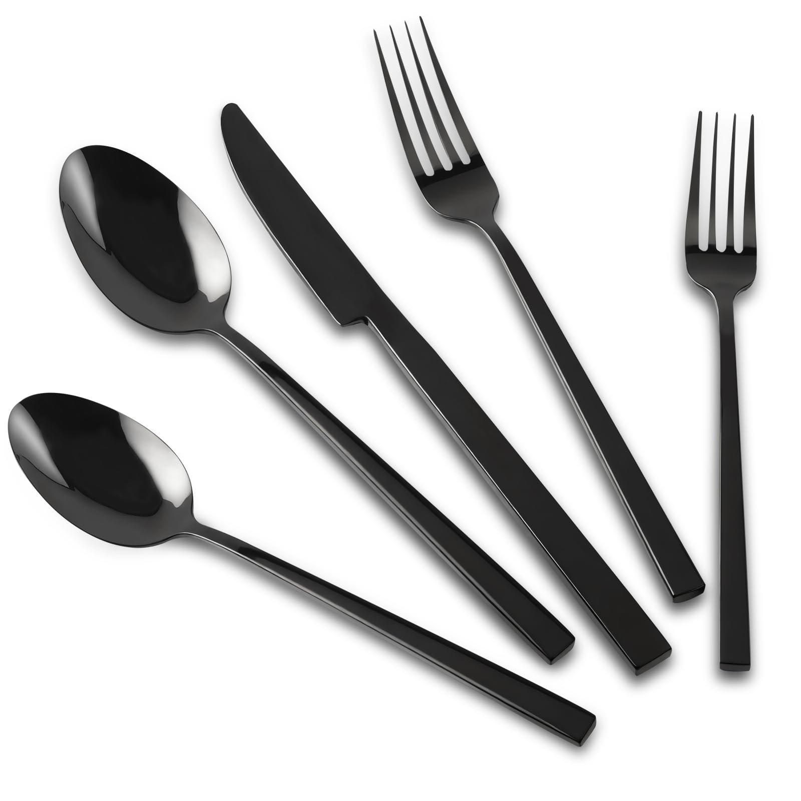 Kelenfer Stainless Steel Flatware Set Hand Forged 18/10 Silverware Set Mirror Black Cutlery Set with Cuboid Handle Matte Finished 20 Pieces Home Event Use Wedding Housewarming Gift Service for 4