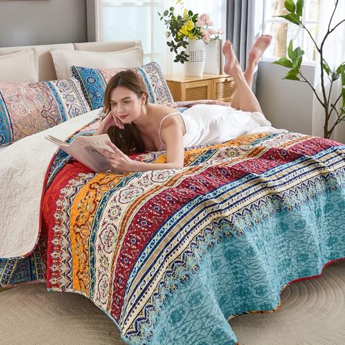 WONGS BEDDING Boho Queen Quilt Set - 3-Piece Lightweight Bedspread Coverlet
