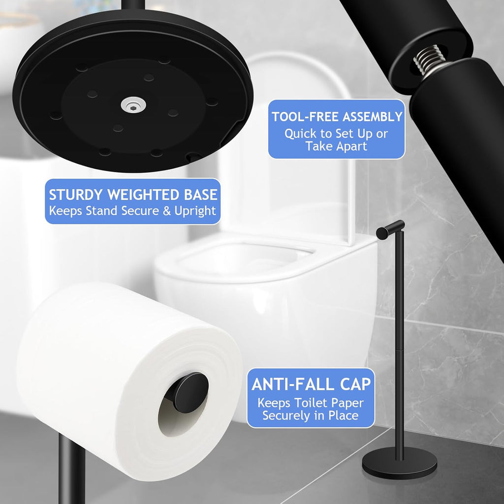 TACGEA Toilet Paper Holder Stand - Stylish Stainless Steel Free Standing Design | Holds 4 Rolls - Black (Set of 2)