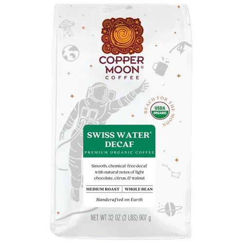 Copper Moon Whole Bean Coffee, Medium Roast, Swiss Water Organic Decaffeinated Blend, 2 Lb