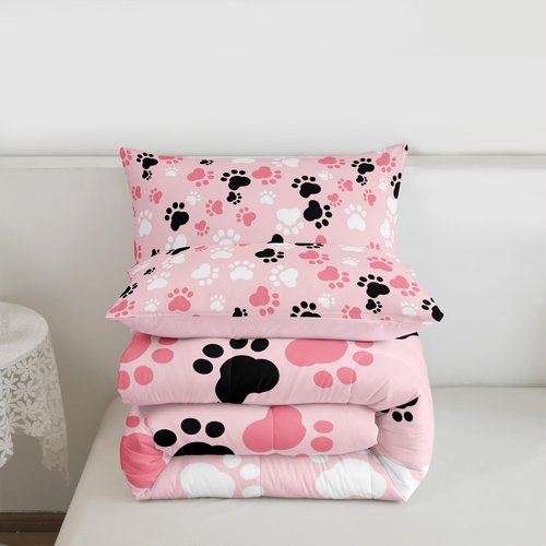 Feelyou Kids Dog Comforter Set - Twin Size, Kawaii Dog Animals Print Bedding Set - Pink, White, Black Duvet & Quilt Set (2Pcs)