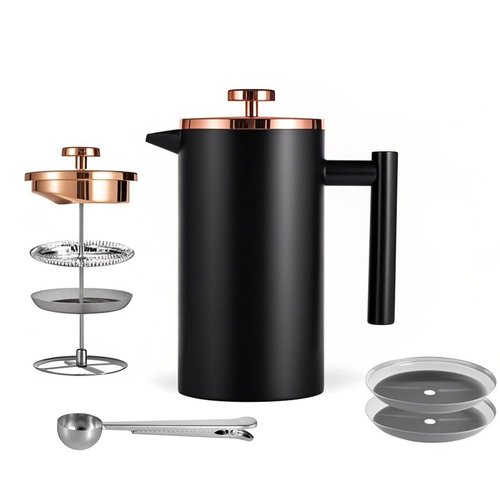 Meelio Small French Press 350ml Coffee Maker, Black Double-Wall Insulated French Press Coffee Press Stainless Steel, Included 2 Extra Fliters and 1 Coffee Spoon (1 cup, 12 OZ)